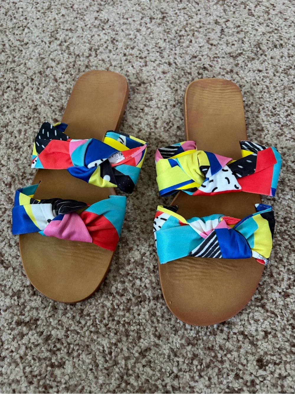 BAMBOO Multicolor Knot-Front Slide Sandals with Turquoise, Yellow, Pink & Red
